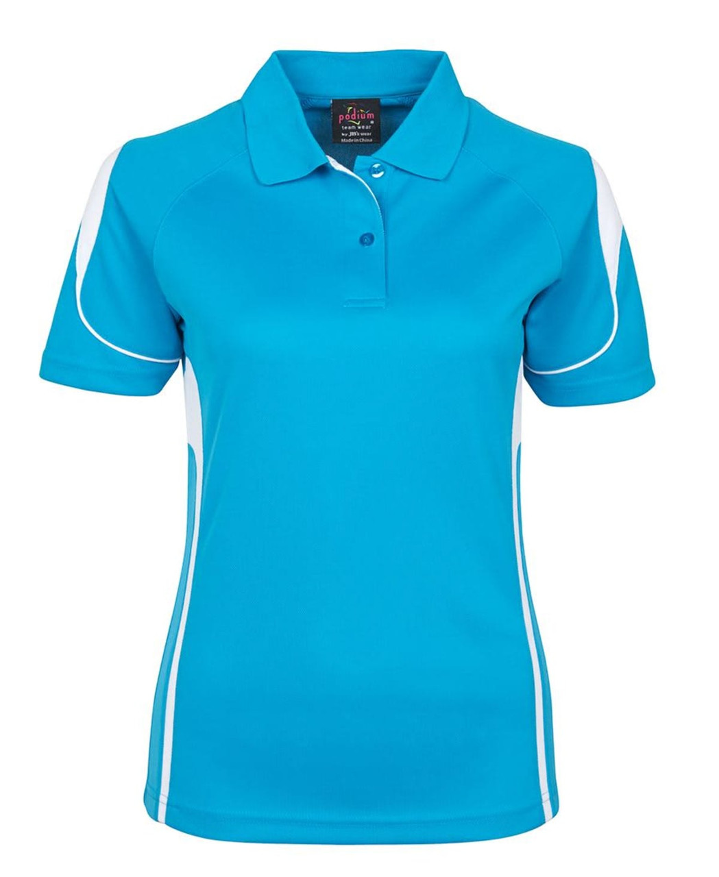 A women's polo shirt in bright blue with white detailing and a logo on the chest.