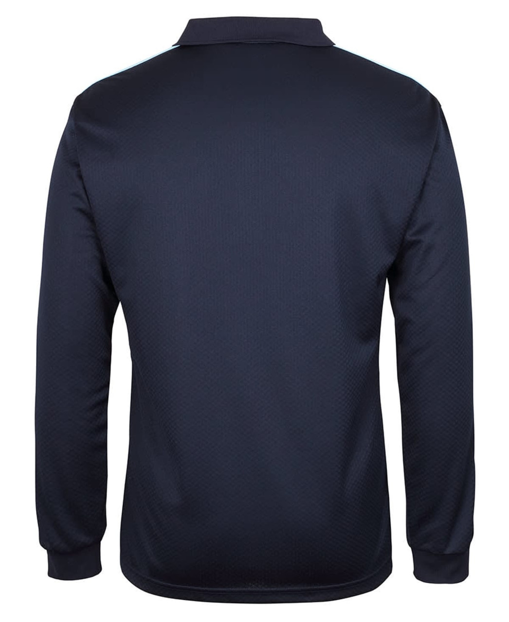 A long-sleeve navy polo shirt with a textured design and a branding logo on the back.