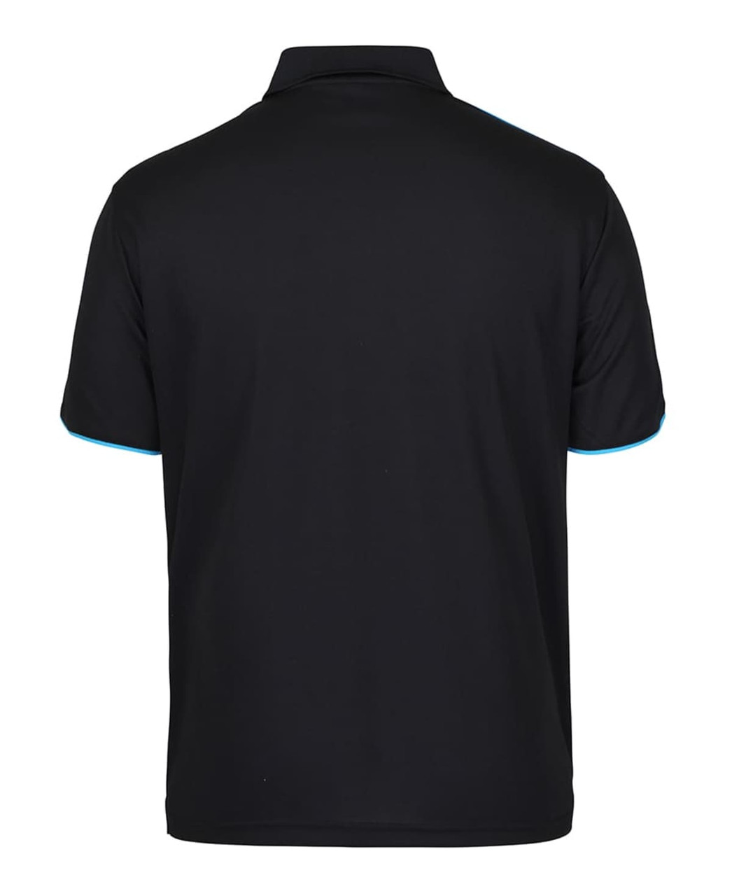 A black polo shirt with light blue accents and a logo on the back.