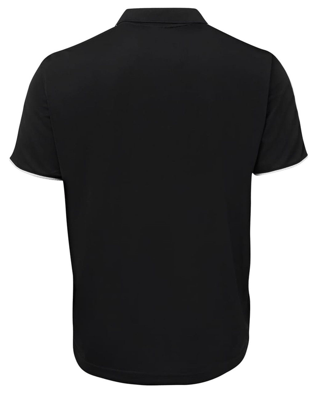 A black polo shirt displayed from the back, featuring a collar and a branding logo.