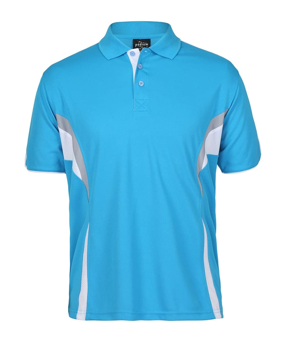 A blue polo shirt featuring white mesh detailing and a collar, with a logo on the chest.