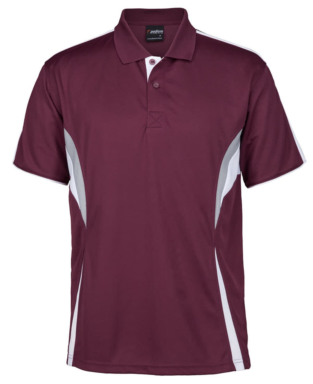 A maroon polo shirt featuring grey side panels and a collar, with a logo on the upper front.
