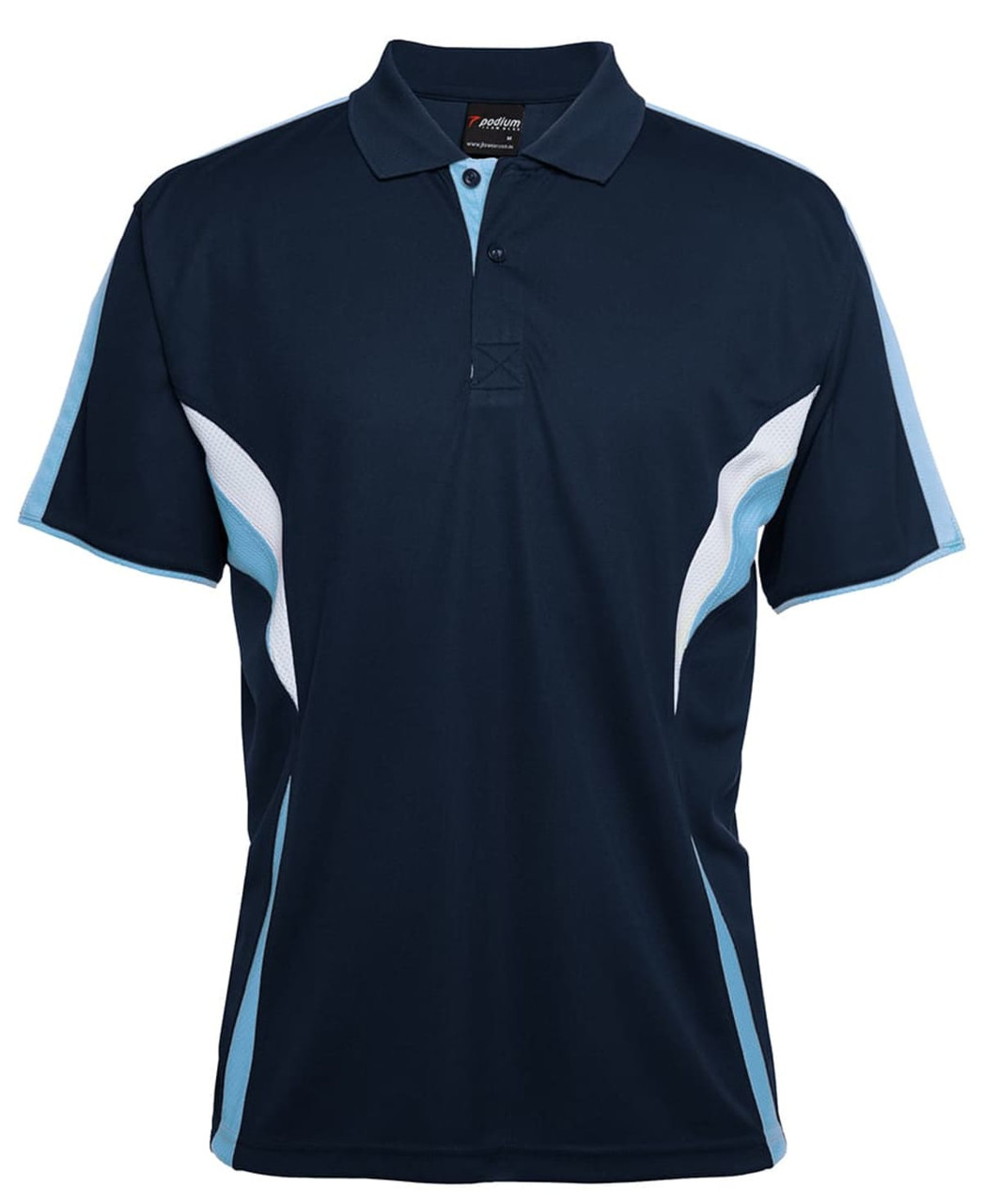 A navy blue polo shirt featuring light blue accents and a logo, designed for sporty looks.
