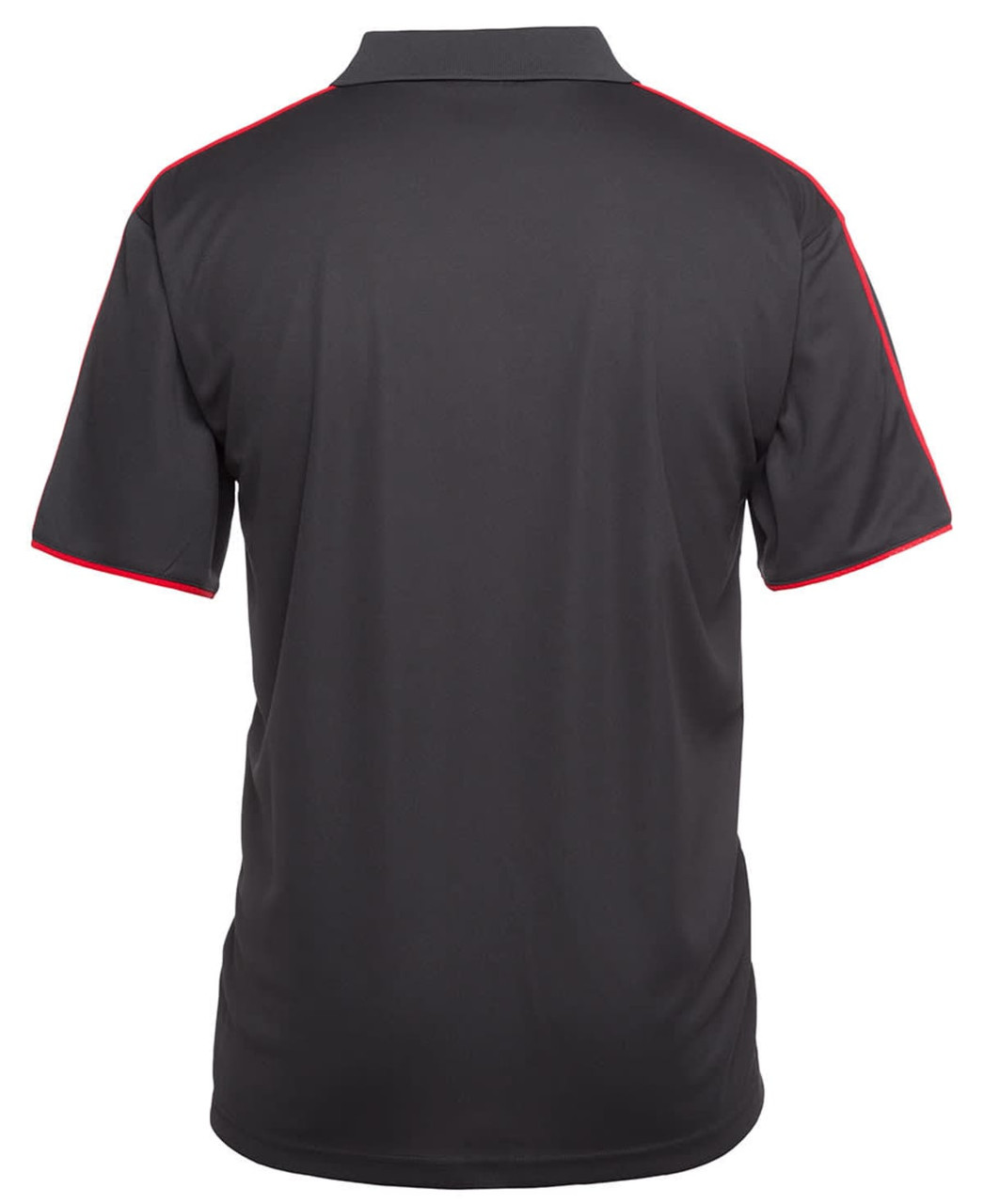 A black polo shirt with red detailing, featuring a branded logo on the back.