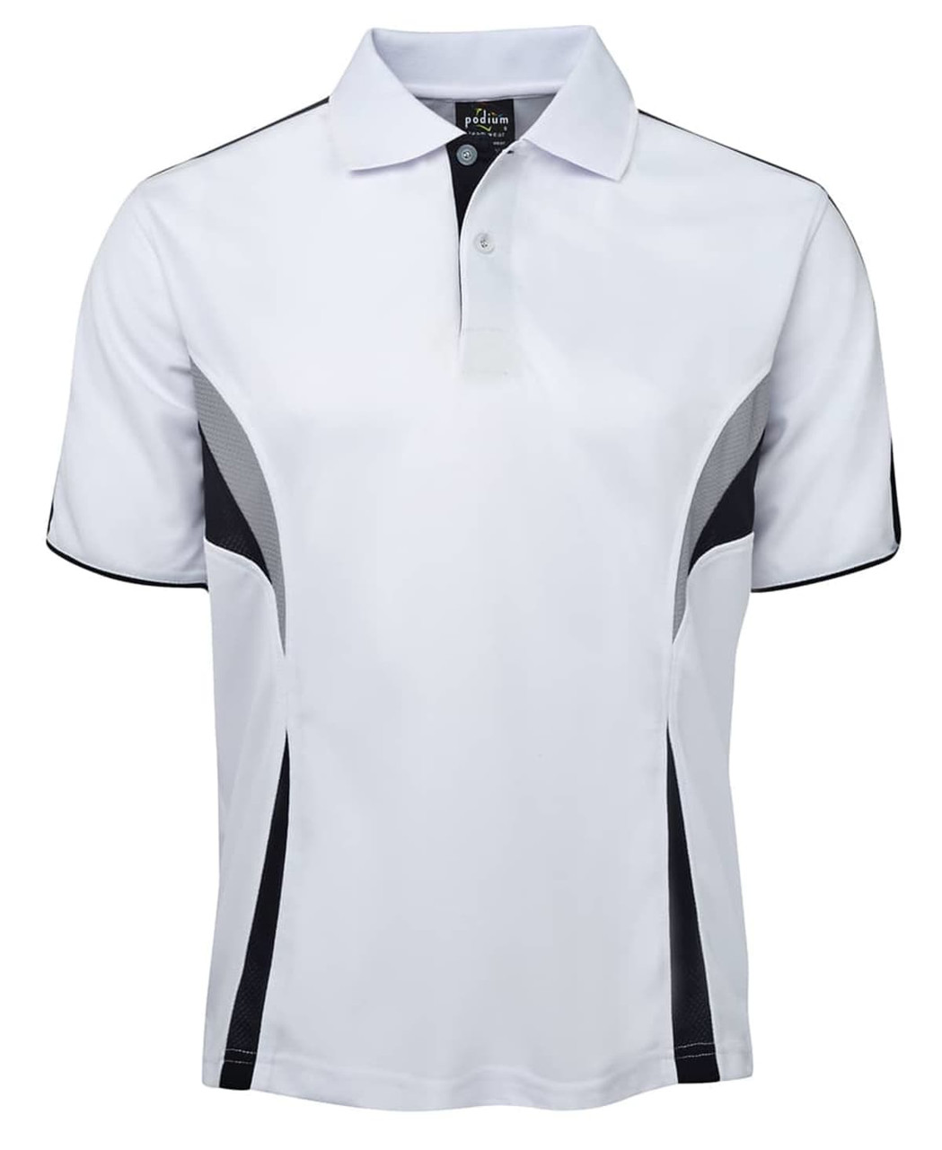 A white polo shirt with black accent panels and a collar, featuring a logo on the front.