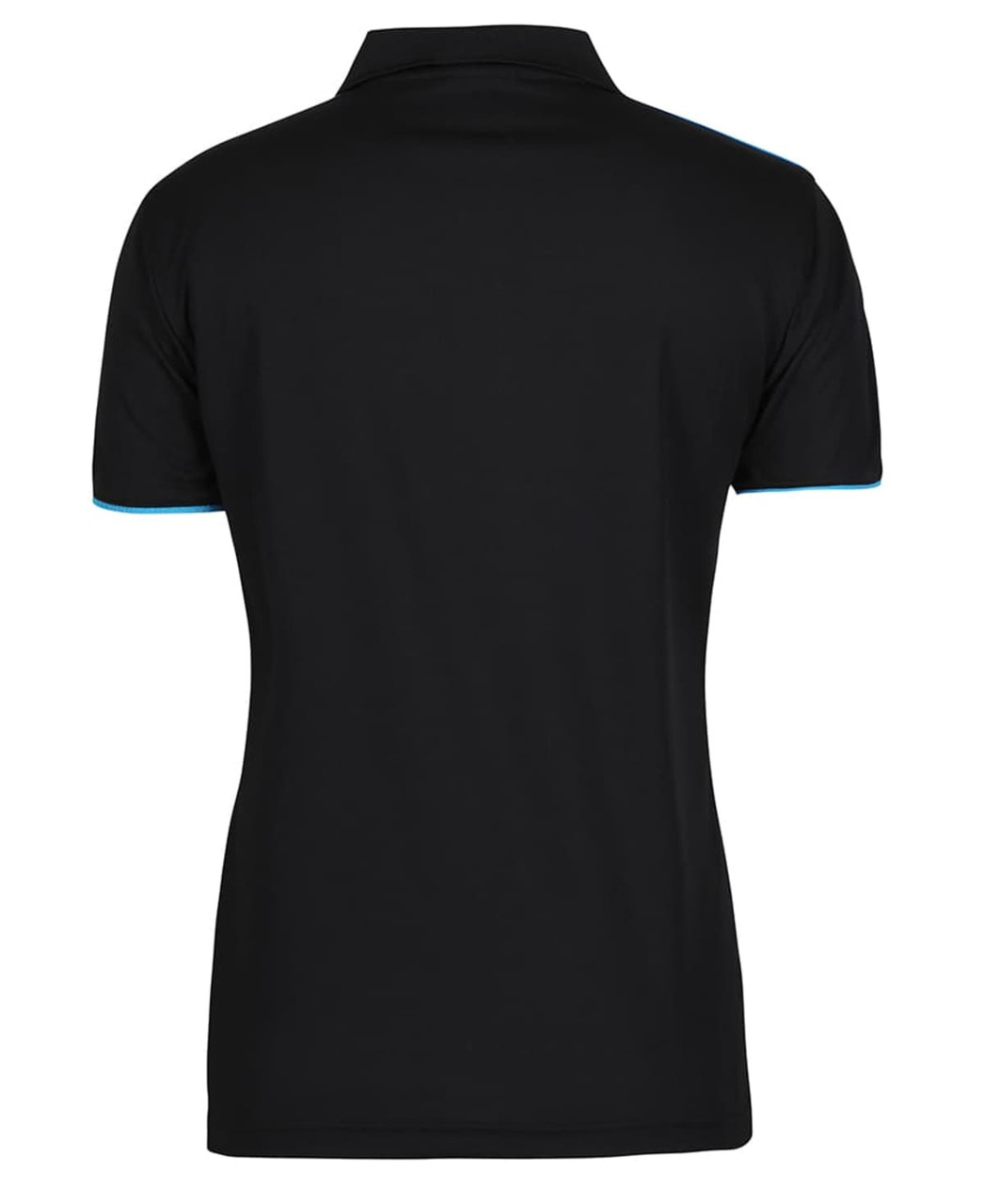 A black polo shirt with light blue accents and a collar, featuring a branding logo.