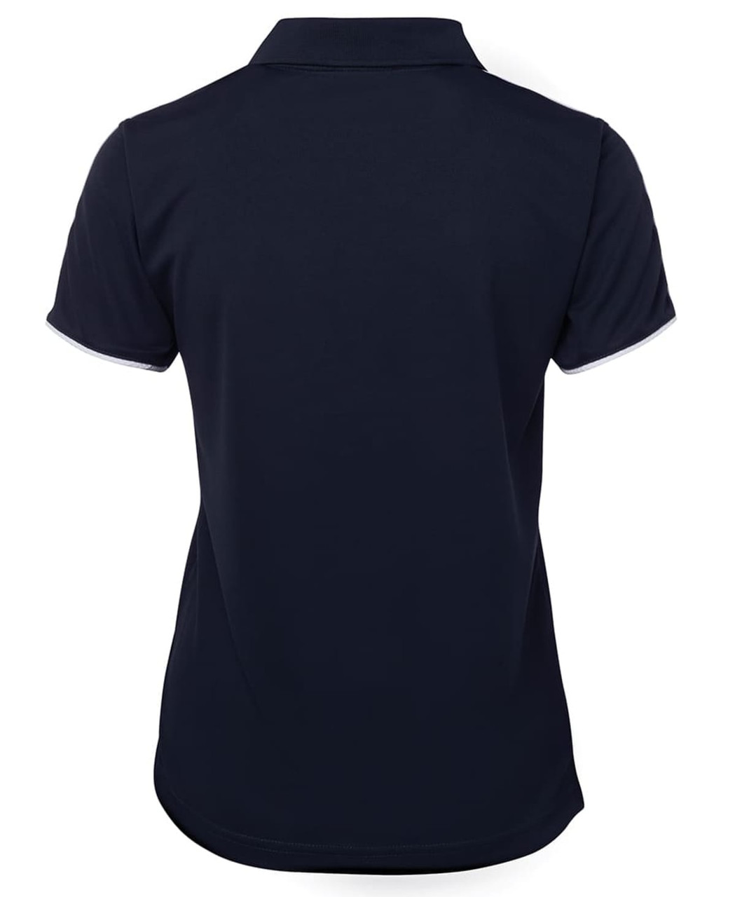 A navy polo shirt with a collar and short sleeves, featuring a logo on the back.