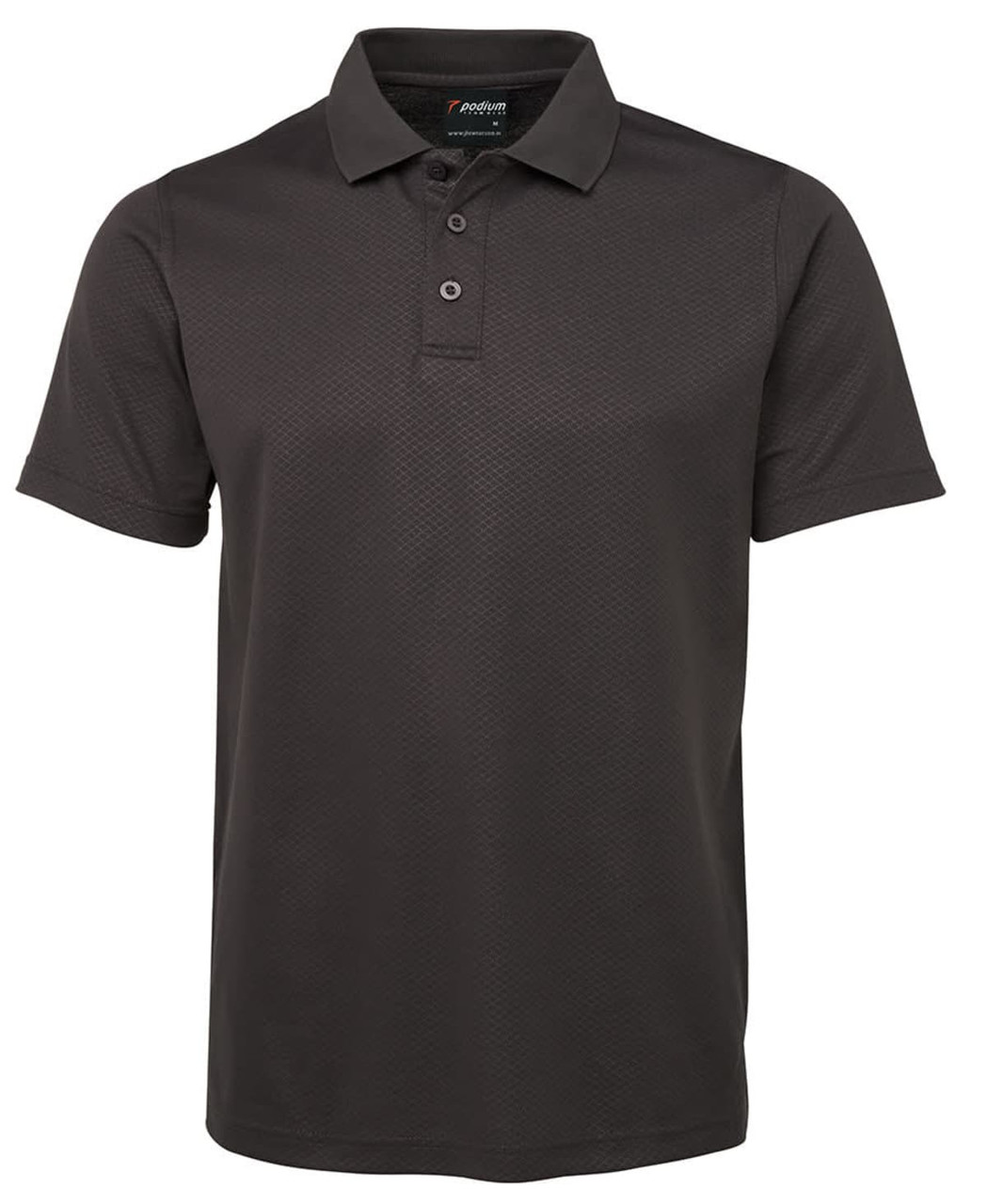 A gunmetal polo shirt with a textured design, featuring a collar and three-button placket. Includes a logo.