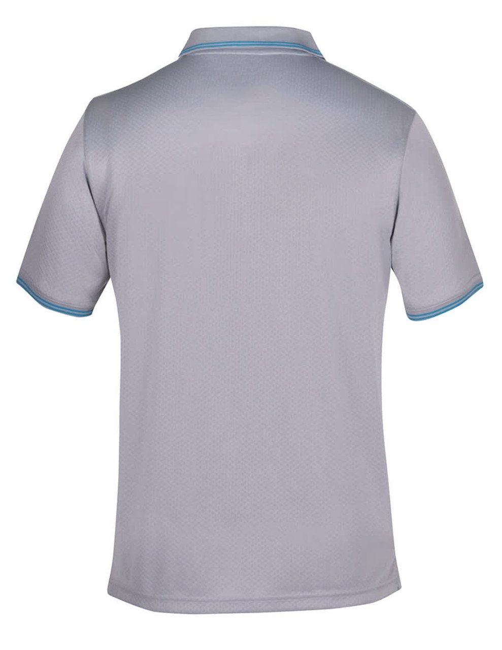 A grey polo shirt with a textured finish and contrasting blue trim on the collar and sleeves, featuring a logo.