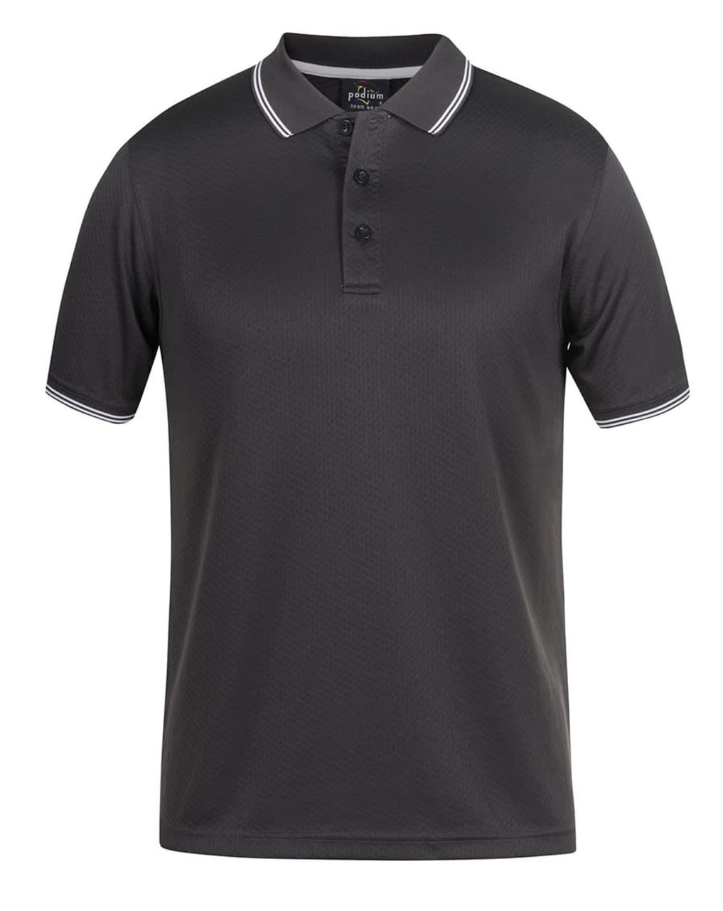 A black polo shirt featuring a jacquard design and contrasting collar and sleeve detailing. The shirt has a logo on it.
