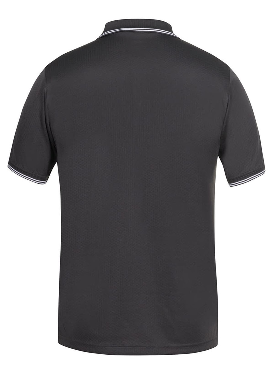 A dark grey polo shirt with contrasting white trim, featuring a logo on the collar.