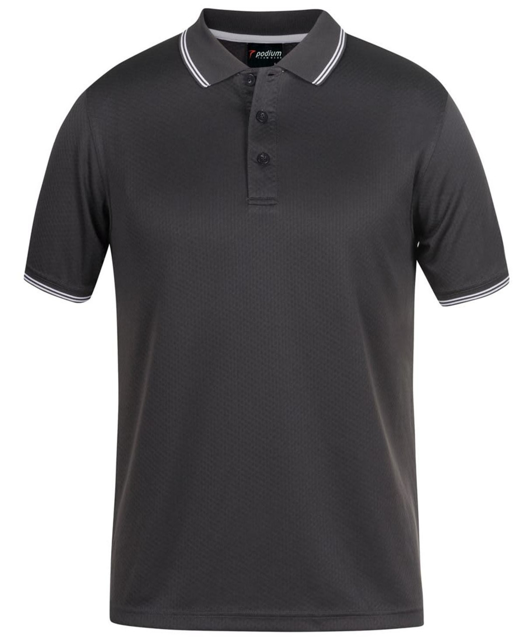 A grey polo shirt with a jacquard texture and contrast collar, featuring a logo on the chest.