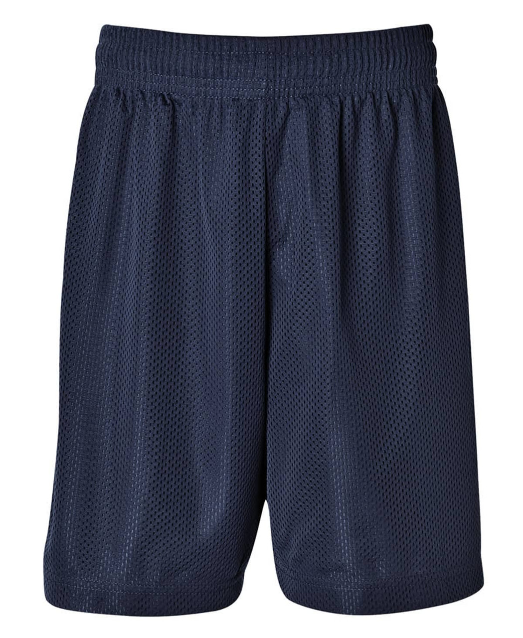 Mesh sports shorts in navy blue with an elastic waistband and a logo. Ideal for activewear.