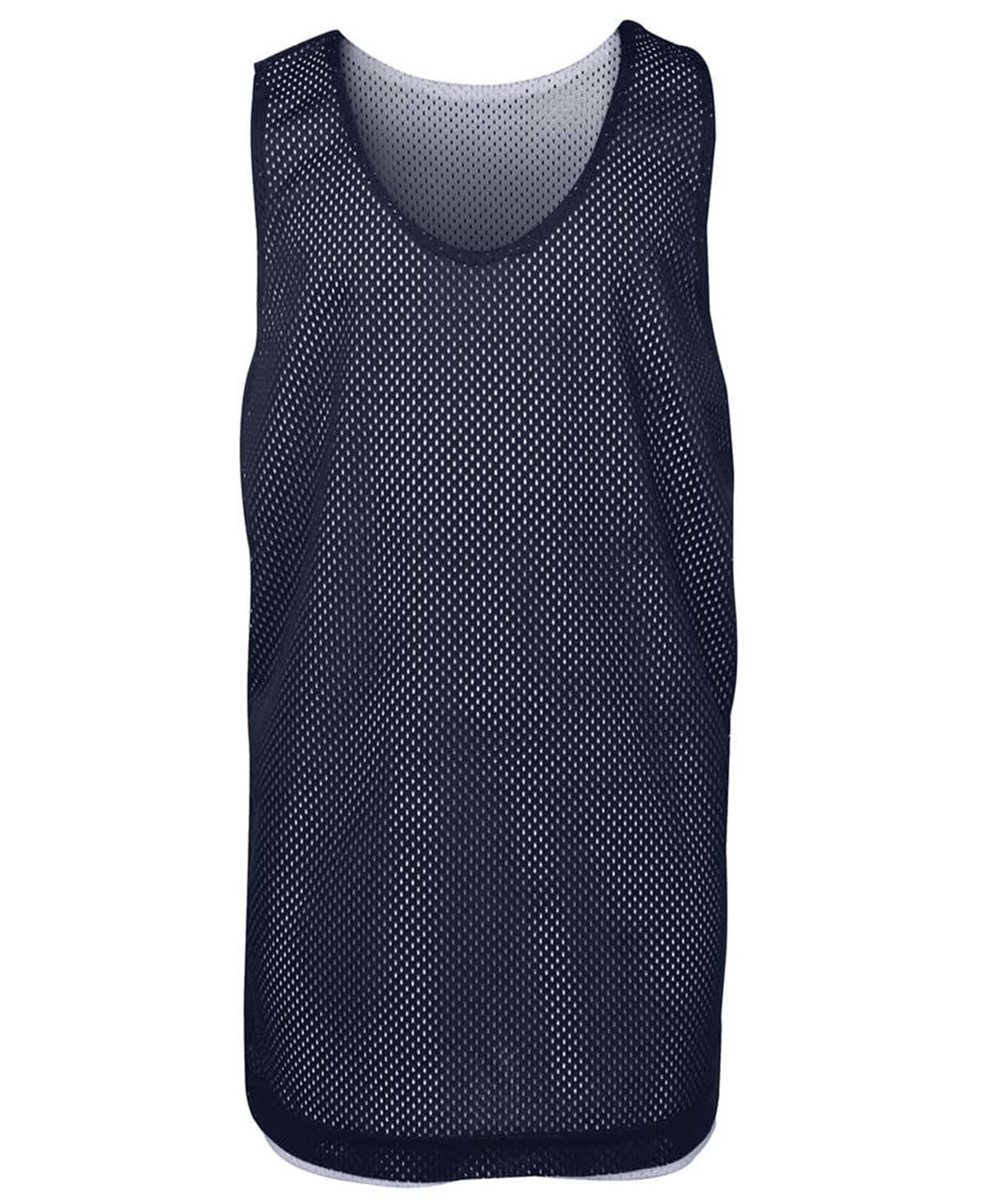 A navy blue mesh singlet featuring a round neck and a small logo. Lightweight design suitable for active wear.