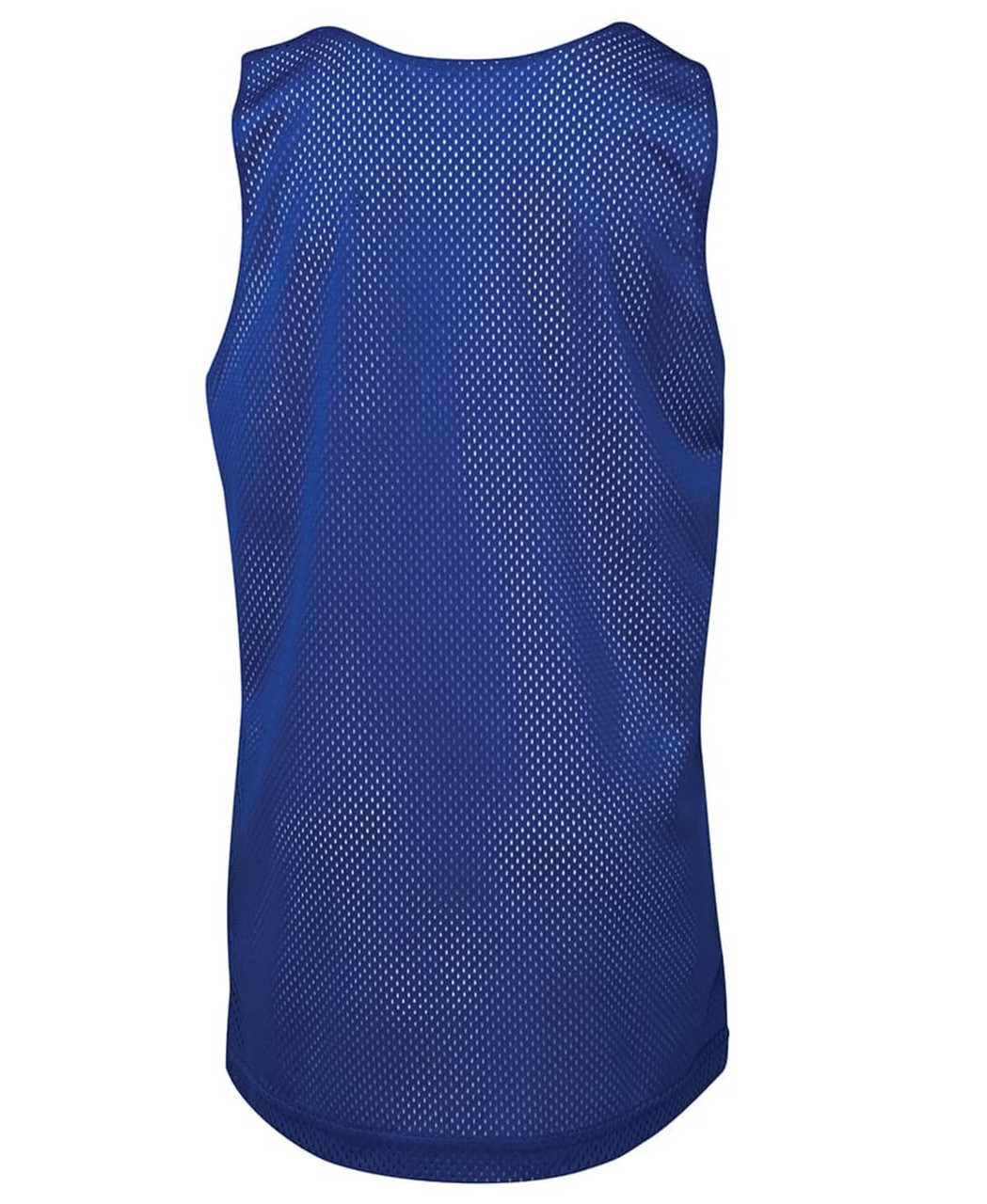 A blue singlet with a perforated design and a branding logo at the back.