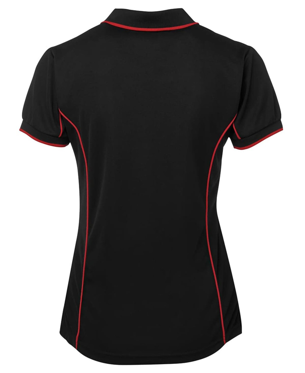 A black polo shirt with red piping, featuring a branded logo on the back.