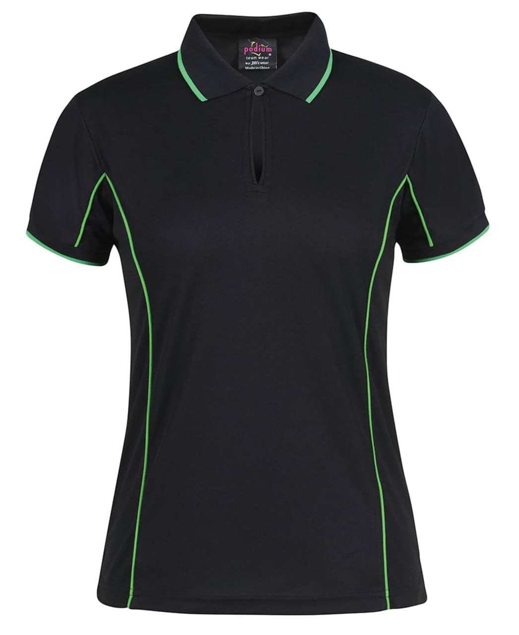 A black polo shirt featuring green piping and a collar, designed for women. It has a logo on the label.