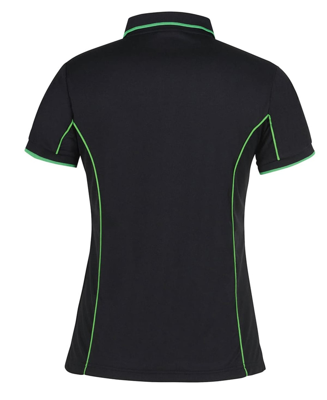 A black polo shirt with green piping, featuring a fitted design and short sleeves. Includes a logo on the chest area.