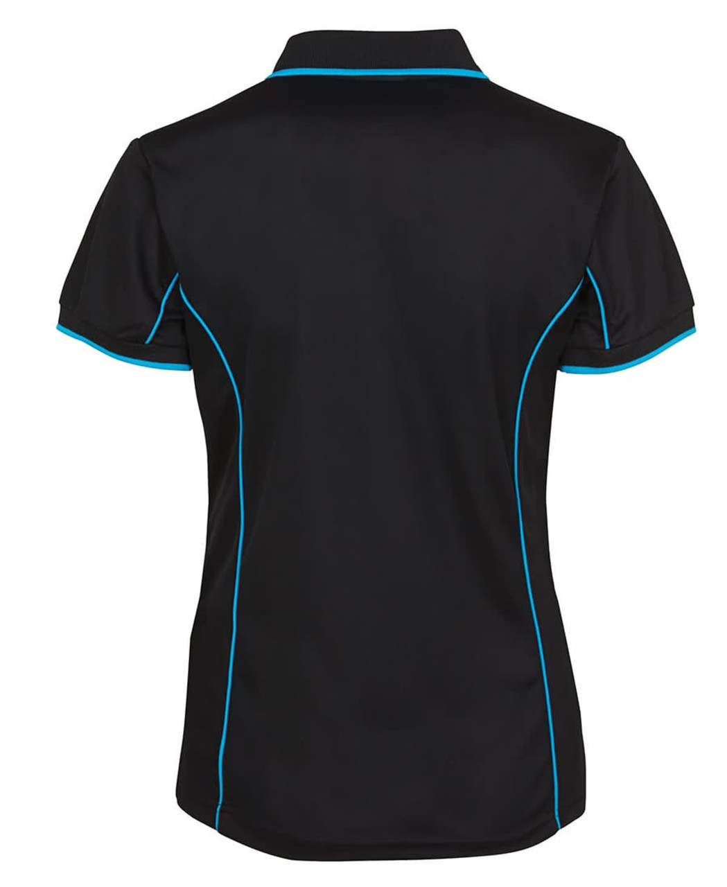 A black polo shirt featuring contrasting blue piping, showcasing a collar and short sleeves. Includes a logo on the front.