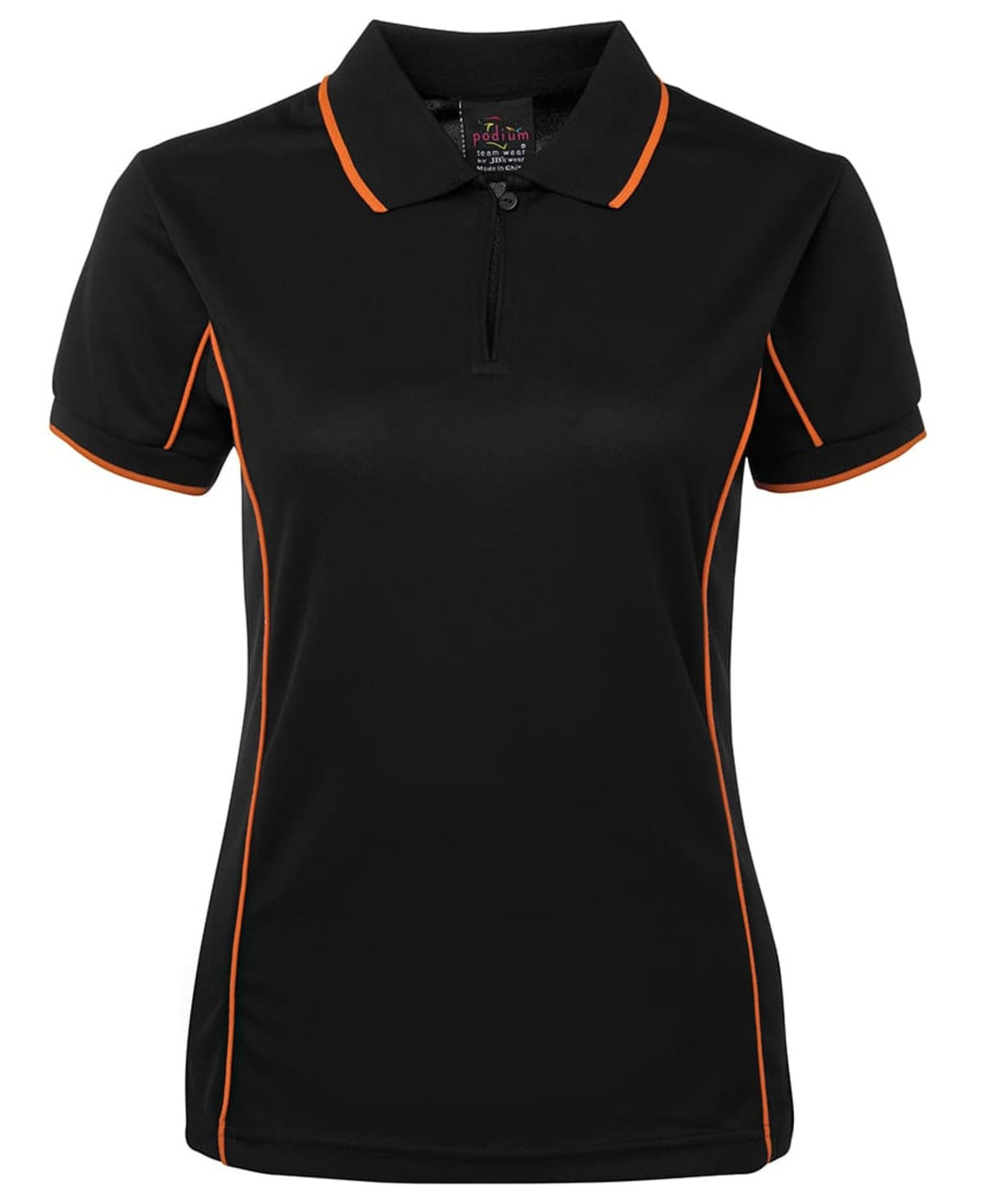 A black polo shirt with orange piping, featuring a collar and a logo on the label.