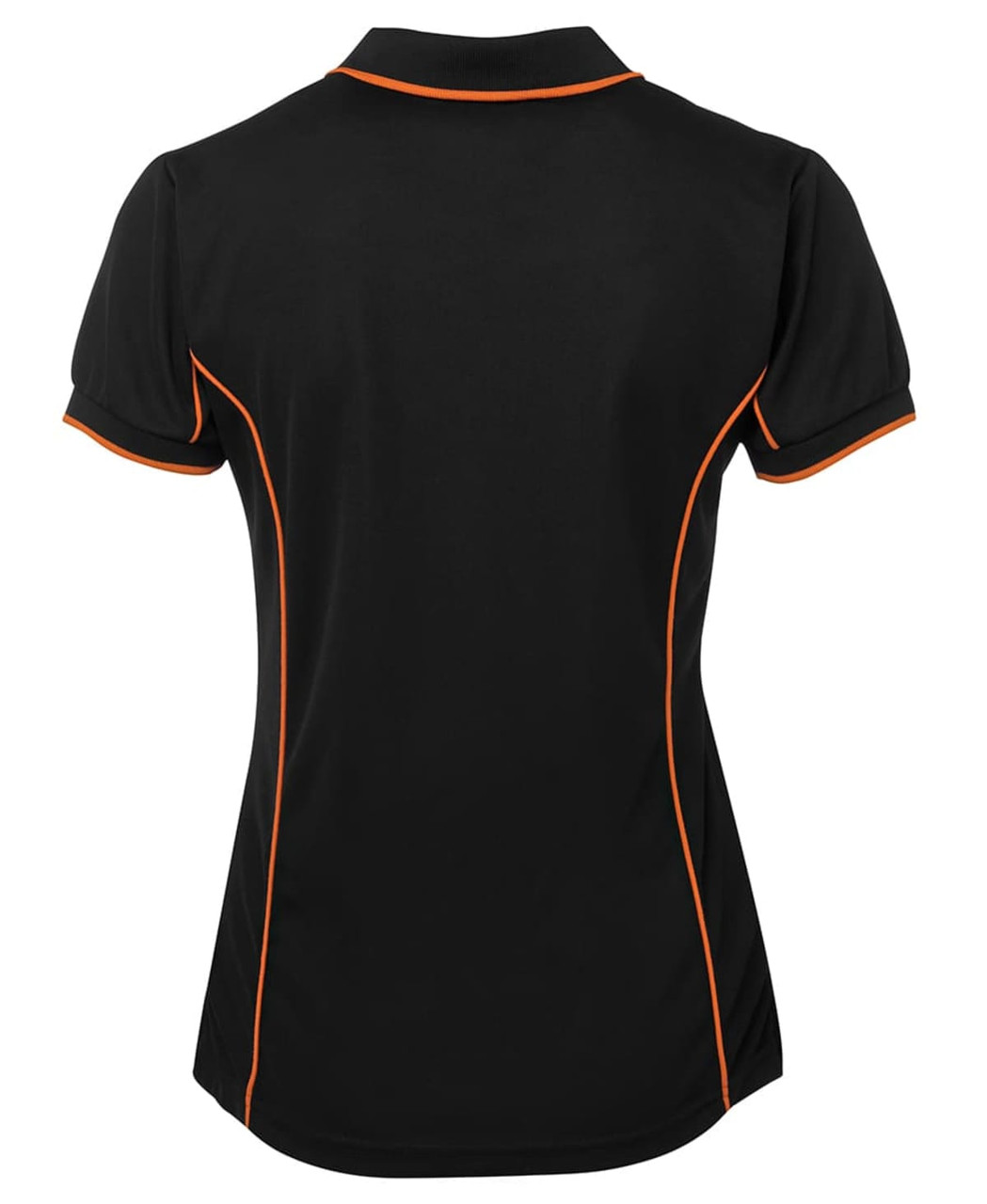 A black polo shirt with orange piping, featuring a fitted design and short sleeves. It has a logo on the design.