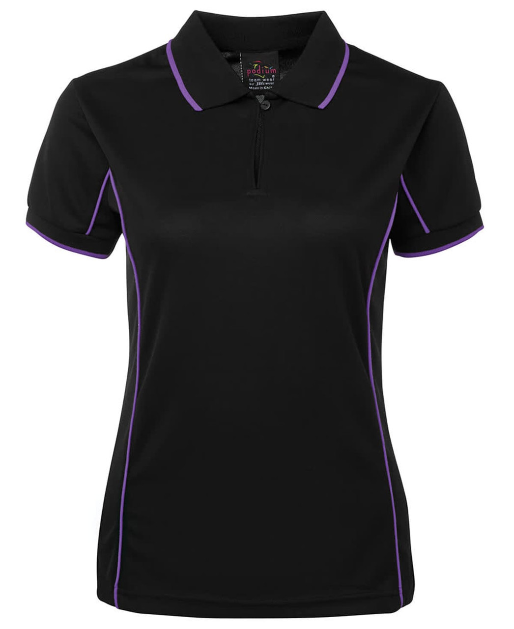 A black polo shirt with purple piping, featuring a collar and a half-zip design, with a logo.
