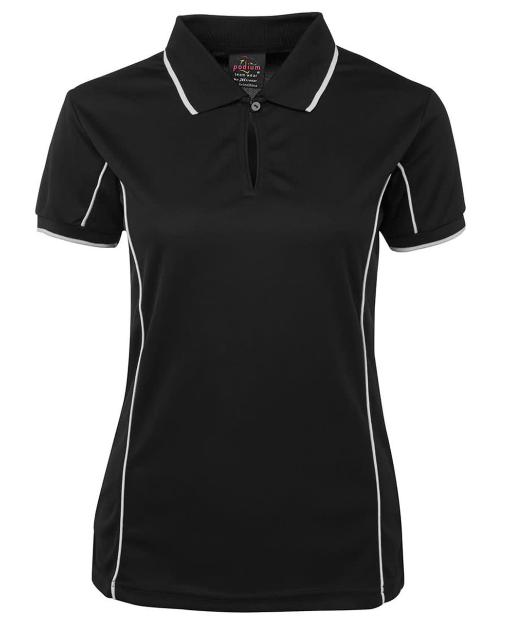A black polo shirt with white piping, featuring a collar and a logo on the label.