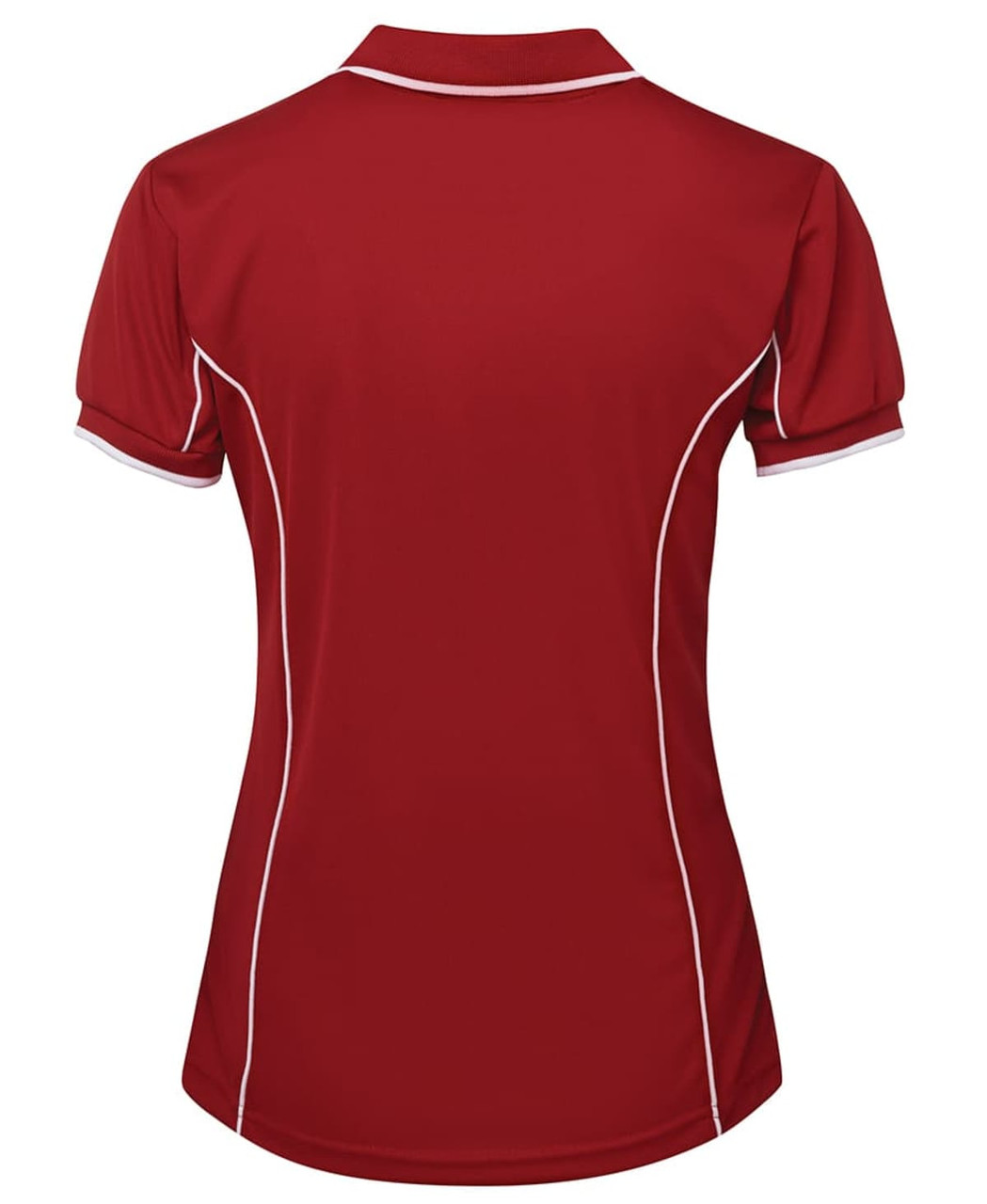 A red ladies' polo shirt with white piping details and a collared neck, featuring a logo.