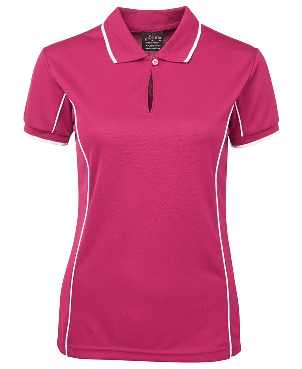 A women's pink polo shirt with white piping, featuring a collar and short sleeves. The shirt has a logo.