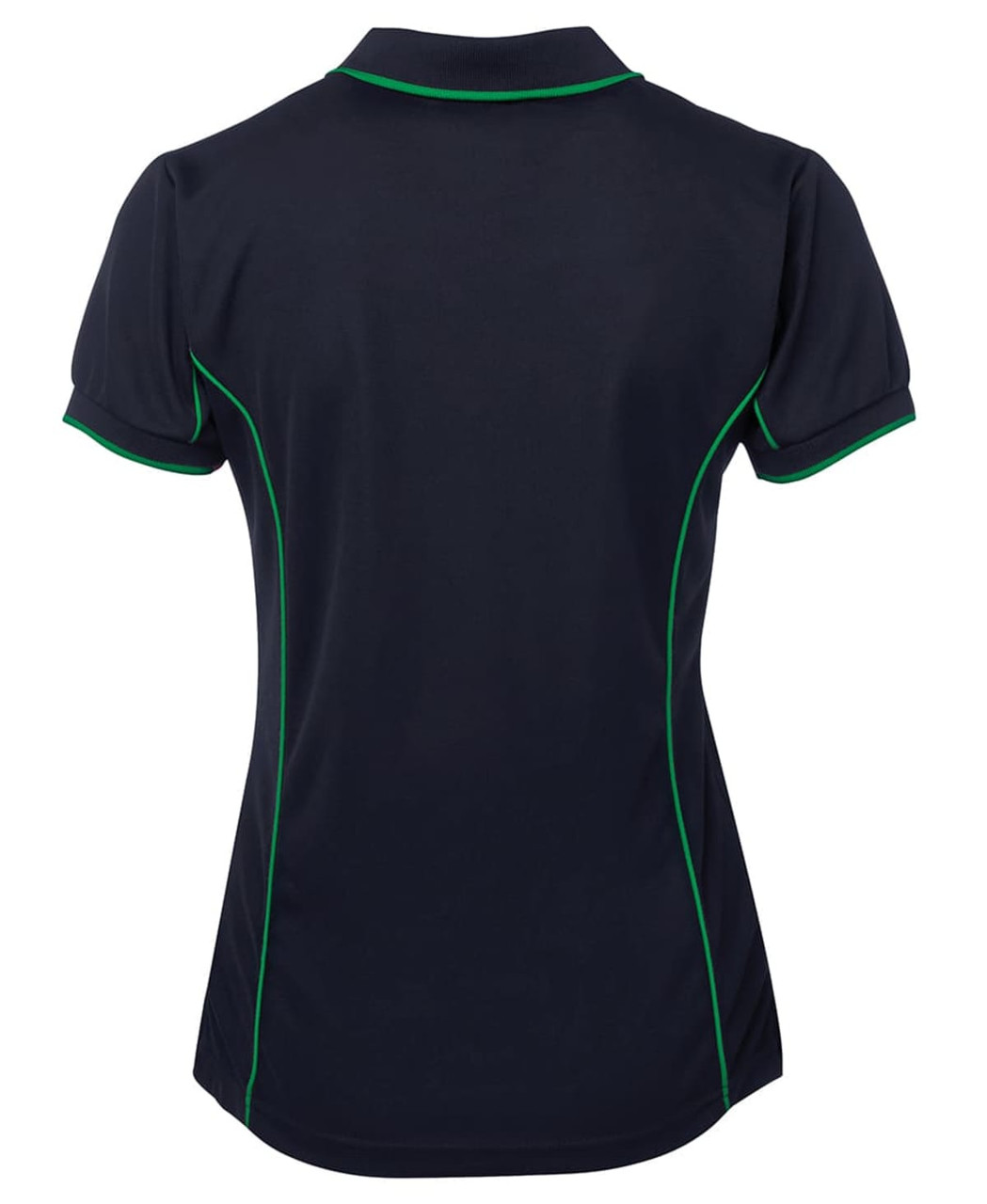 A navy polo shirt with green piping, featuring a collar and short sleeves. It has a logo on the back.