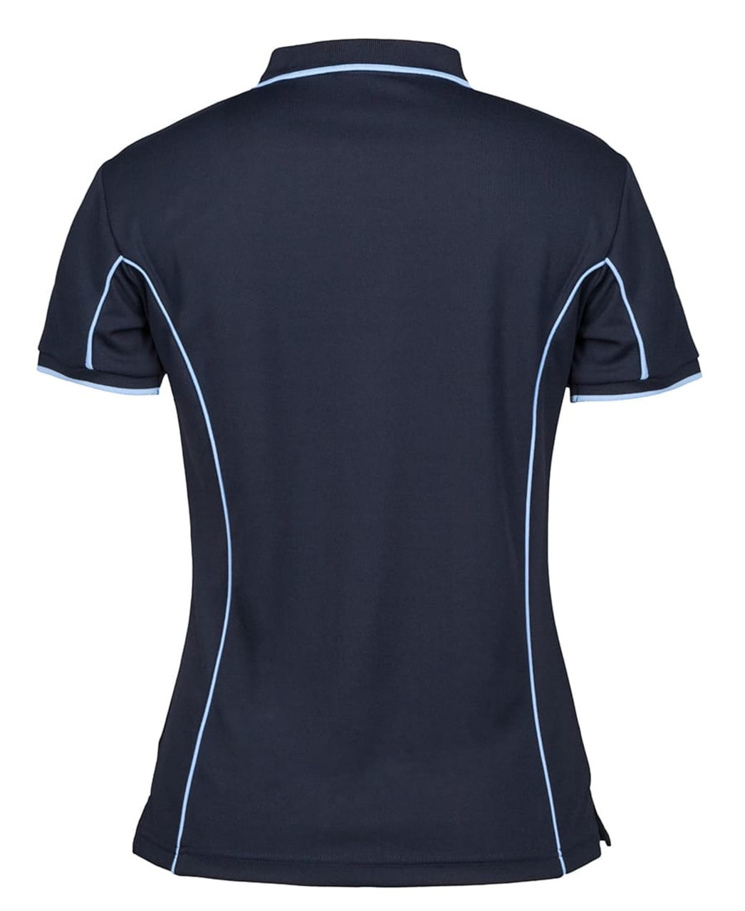A navy blue polo shirt with light blue piping and a branded logo on the back. Features a classic collar and short sleeves.