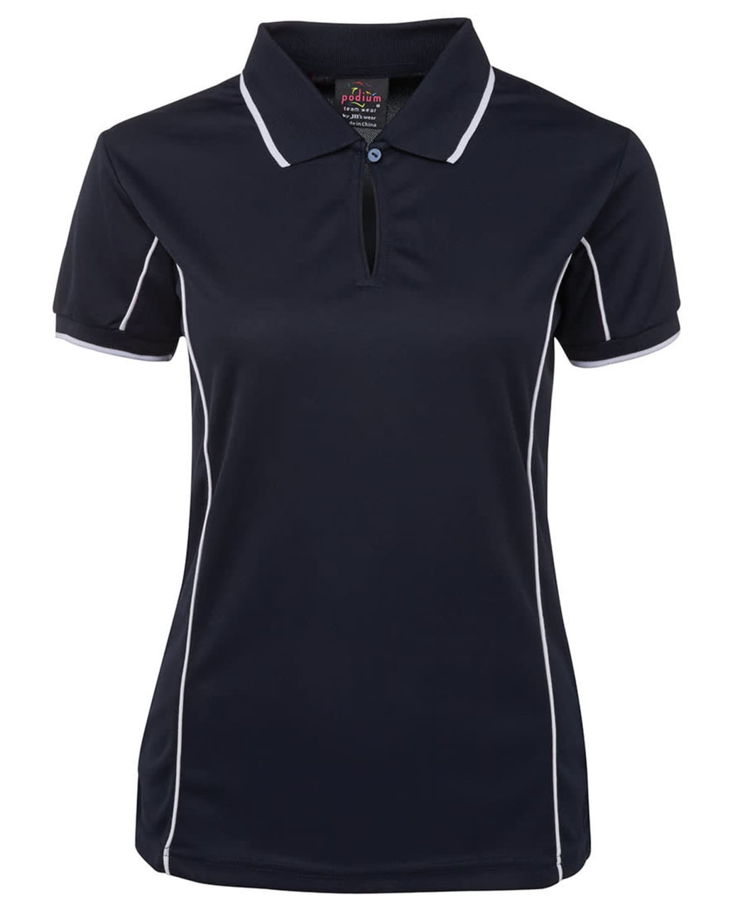 A navy polo shirt featuring piping details and a collar, with a logo on the upper area.