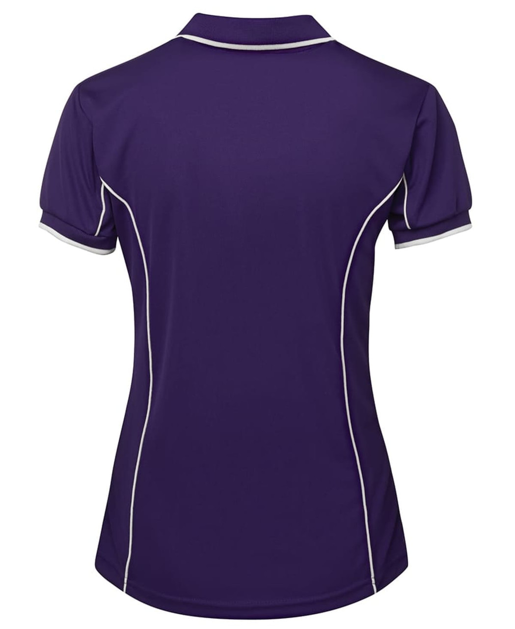 A purple polo shirt with contrasting piping, featuring a logo on the back.