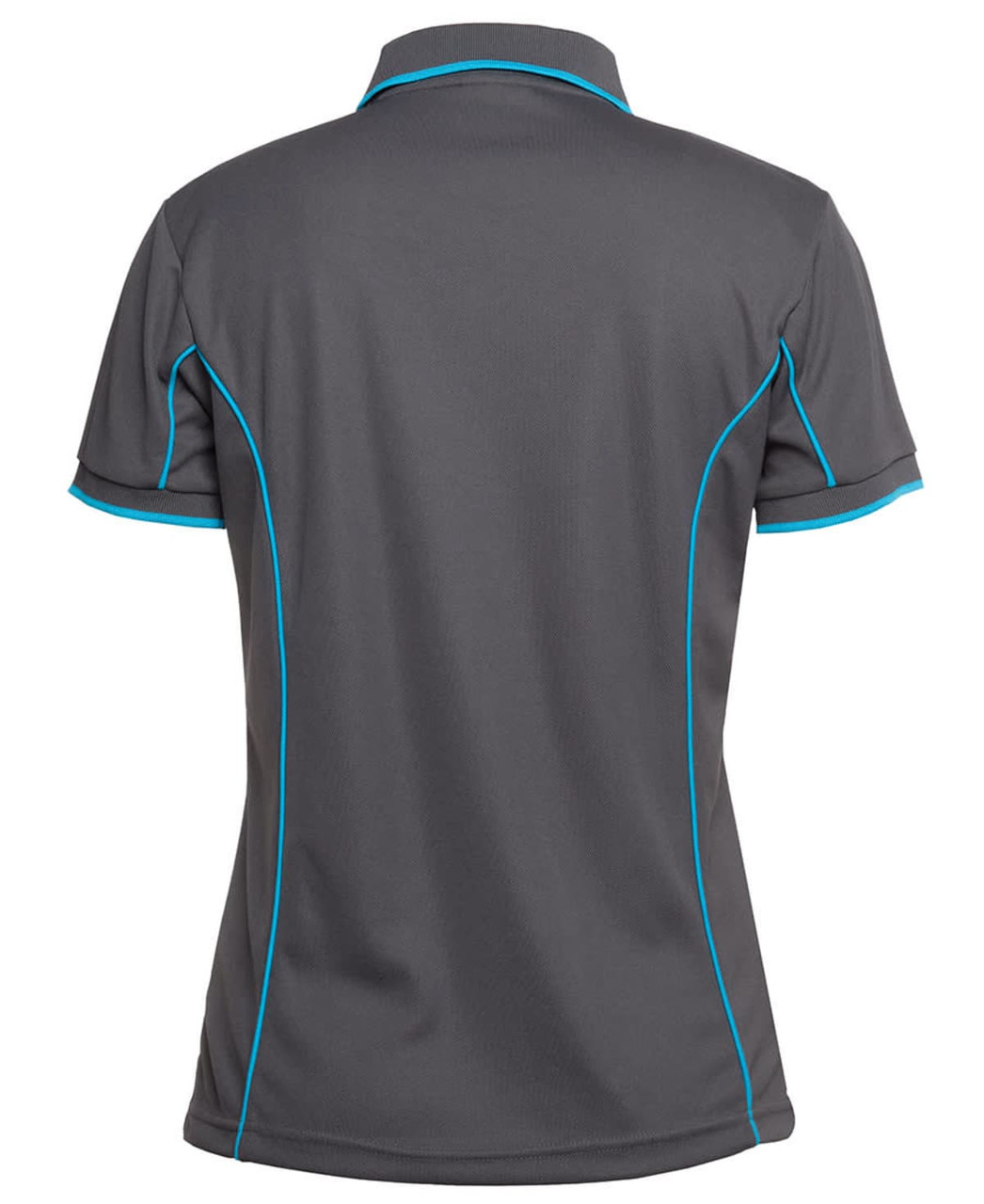 A grey polo shirt with turquoise piping, featuring a collar and short sleeves, with a logo on the back.