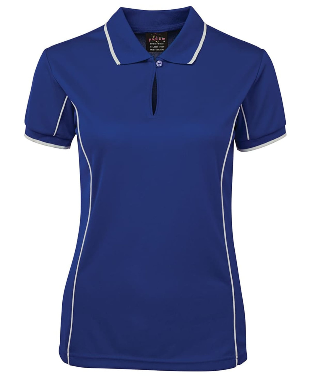 A blue women's polo shirt with white piping and a collar, featuring a logo on the chest.