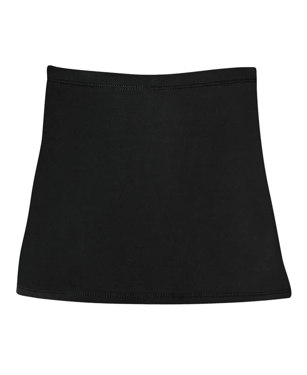 A black skort with a fitted waist and flared hem, featuring a logo on one side.