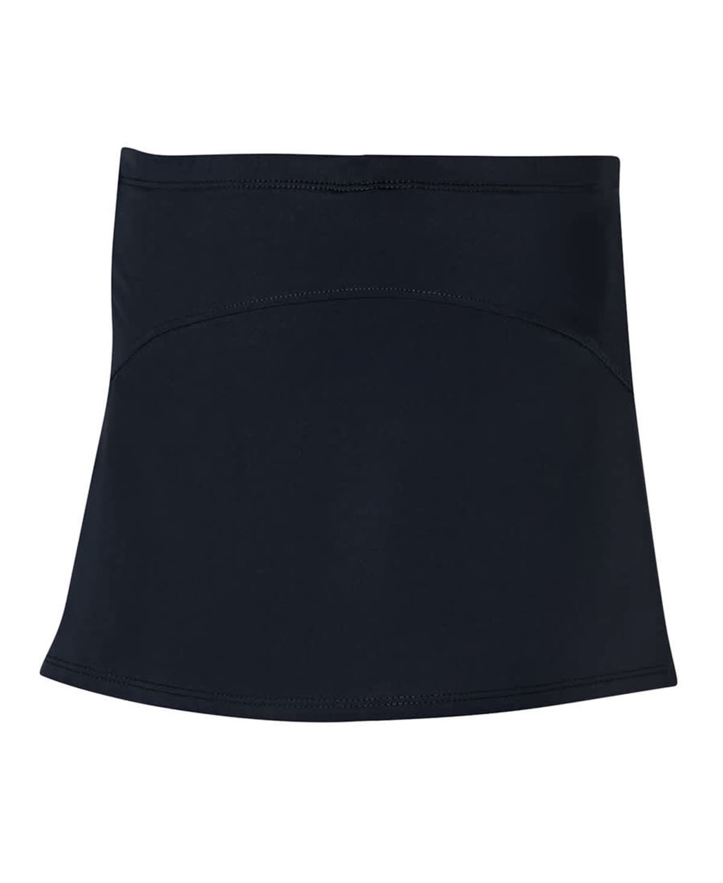 A black skort featuring a smooth design and a branding logo on the waistband. Ideal for active wear.