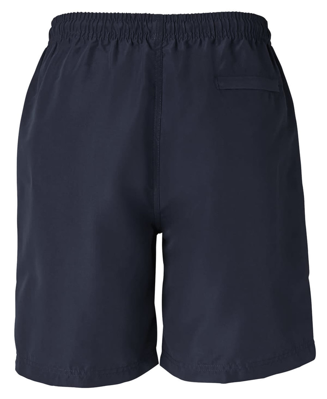 A pair of navy blue dress shorts with an elastic waistband and a single back pocket. Features a logo.
