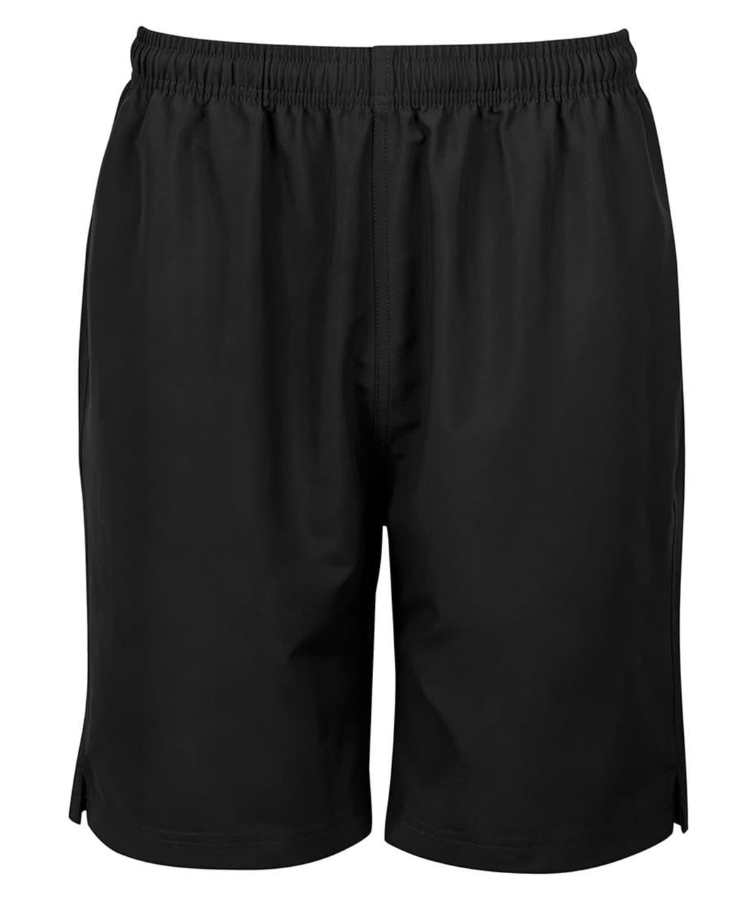 Black sports shorts with an elastic waistband and side slits, featuring a logo on the front.