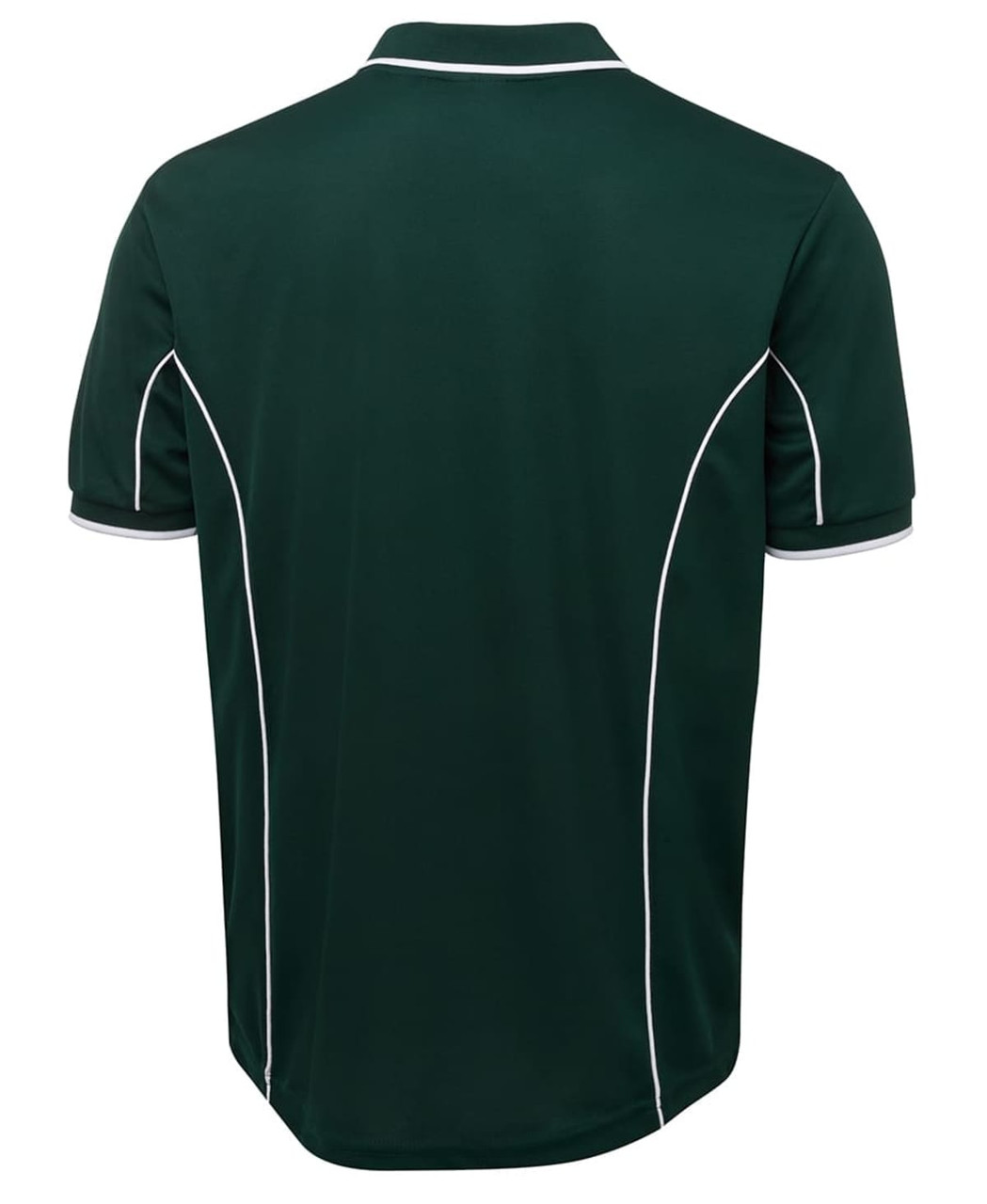 A dark green polo shirt featuring white piping details along the seams and a collar. It has a logo on the side.