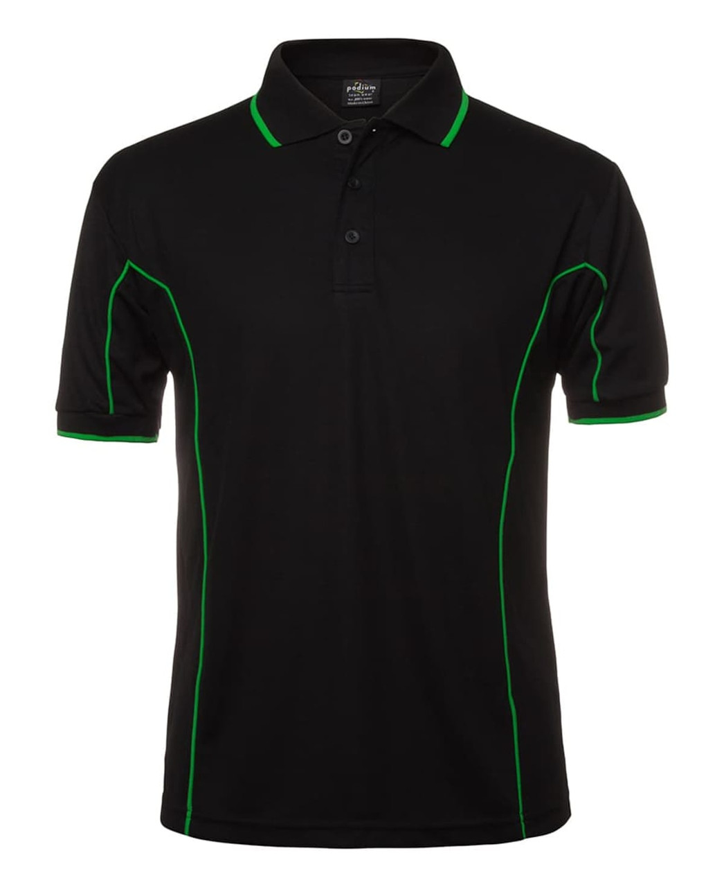 A black polo shirt featuring green piping and a collar, with a logo on the chest area.