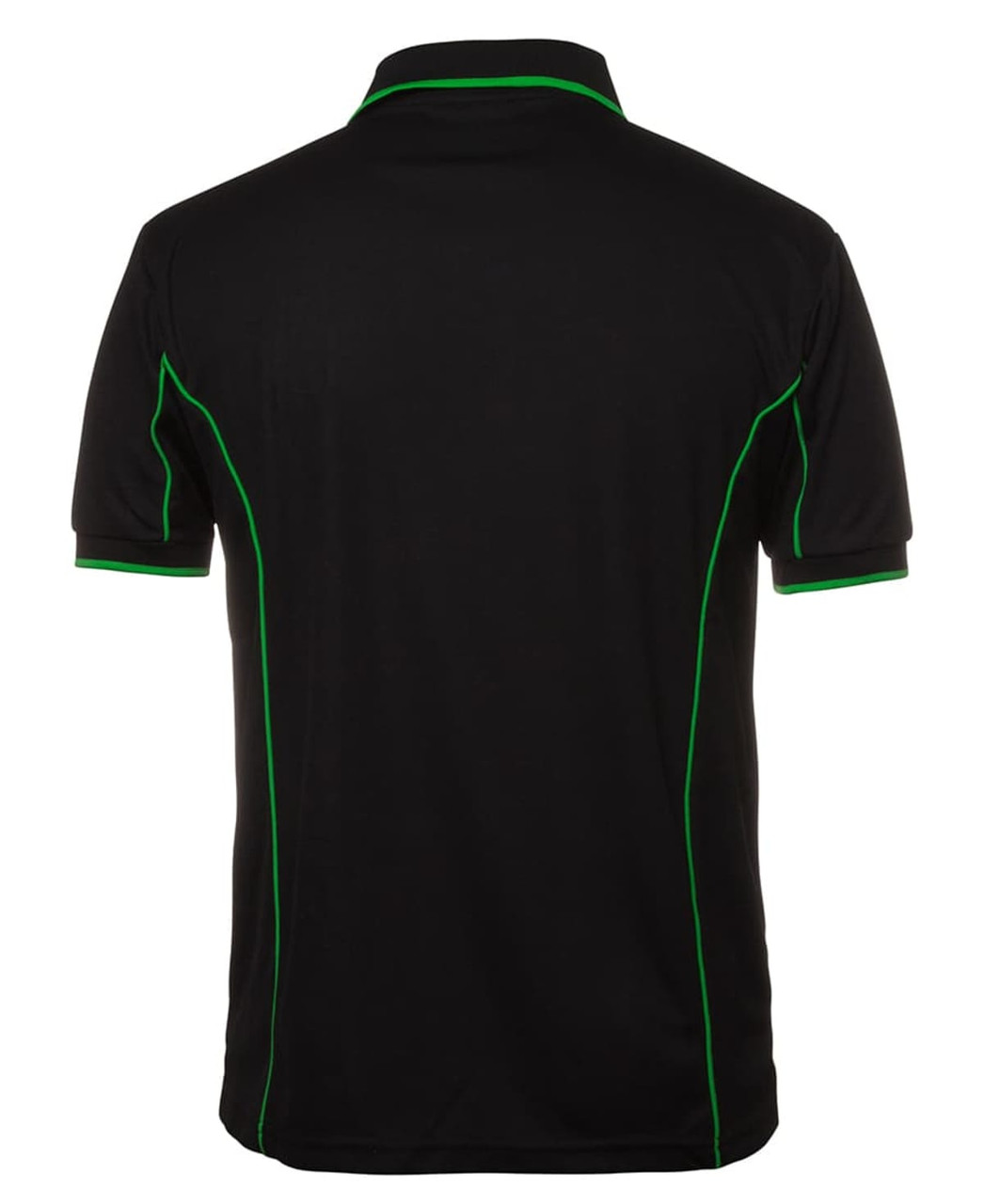 A black polo shirt with green piping details and a logo on the back.