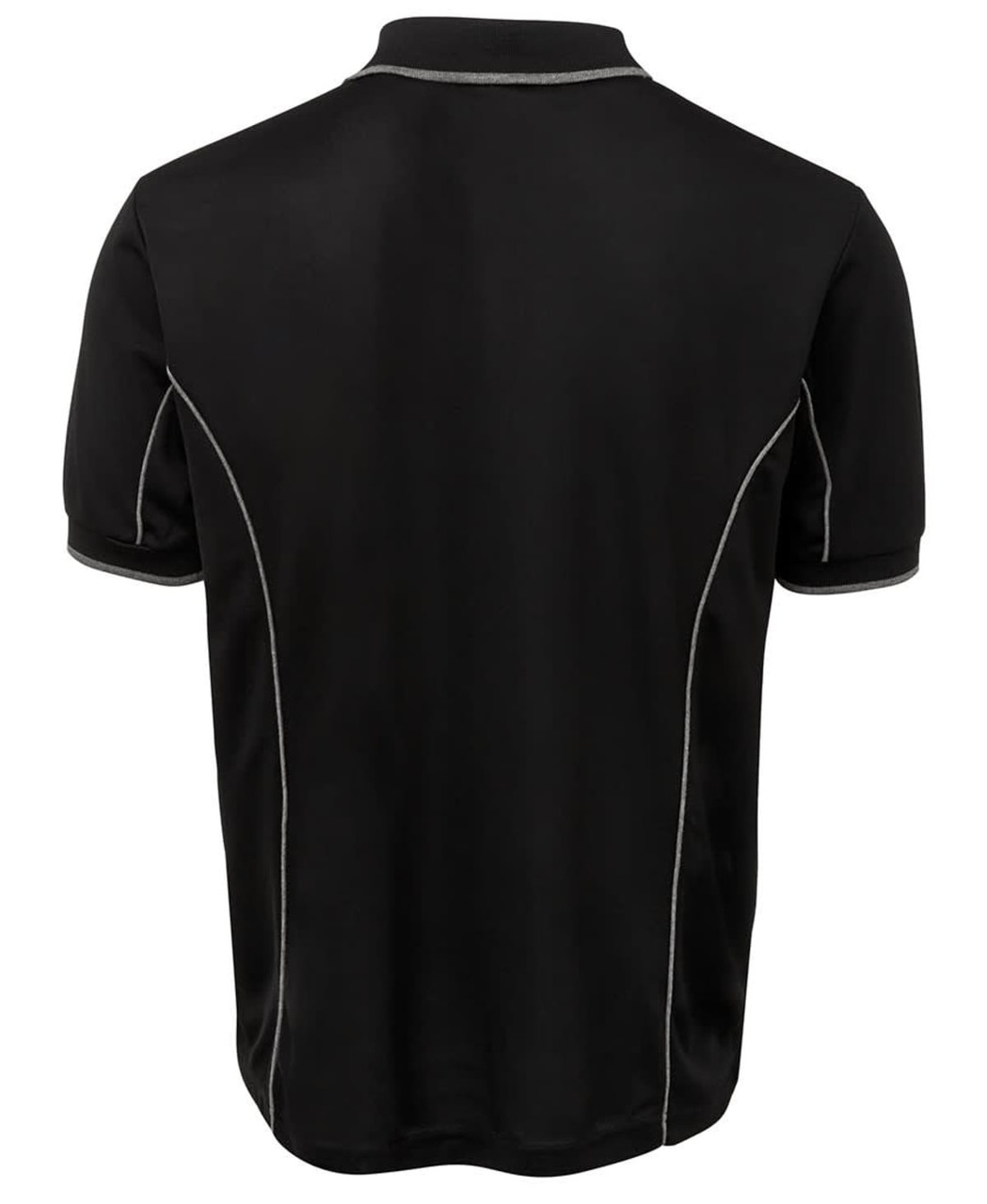 A black polo shirt featuring grey piping along the seams and a logo on the back.