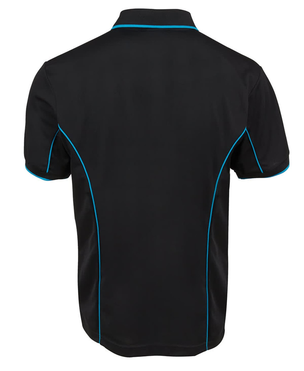A black polo shirt featuring blue piping along the seams and a logo on the front.