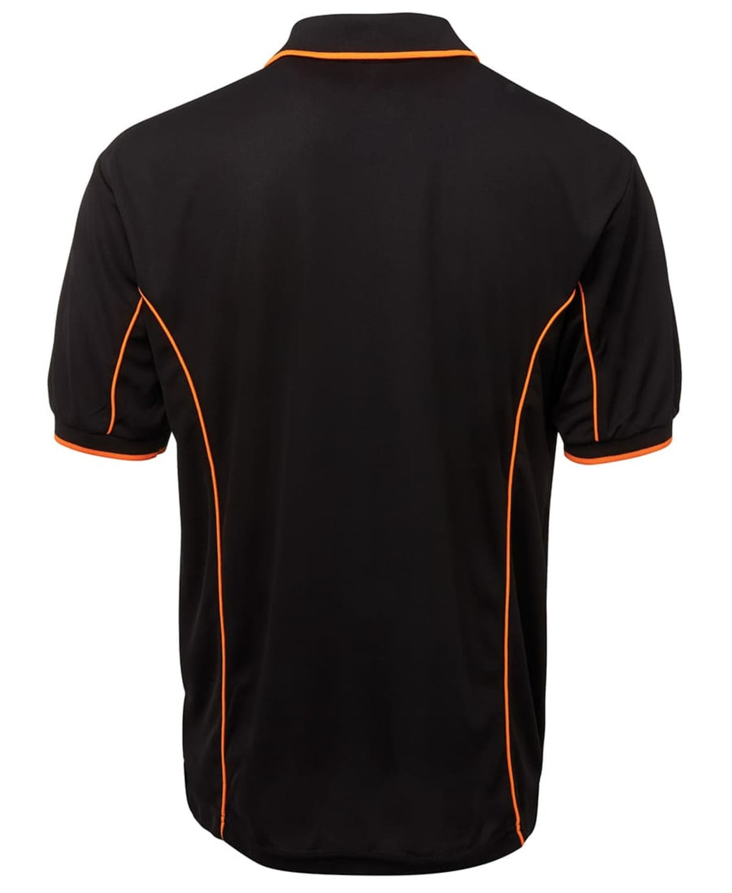 A black polo shirt with orange piping along the seams and a logo on the back.