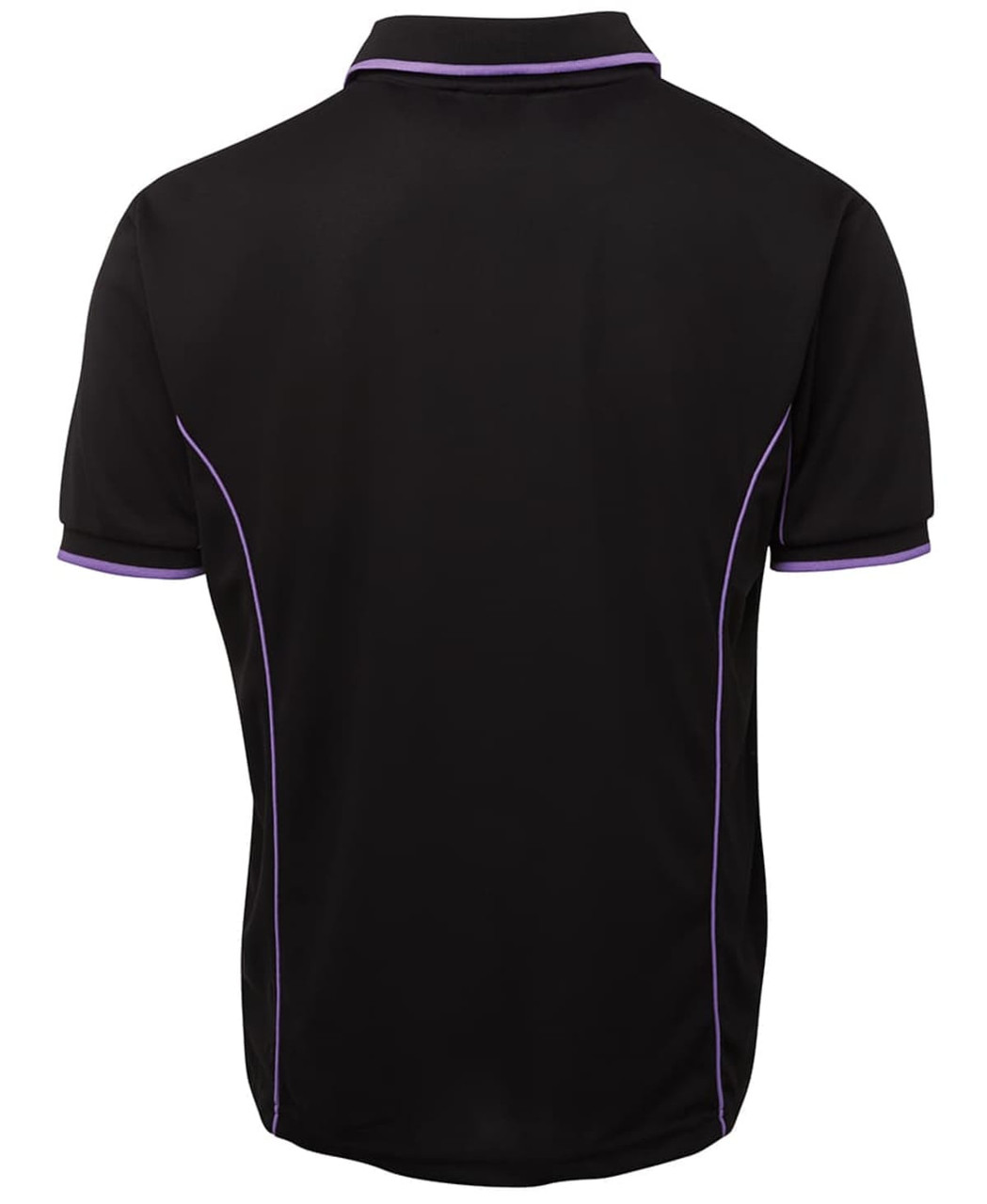 A black polo shirt featuring purple piping along the seams and a logo on the chest.