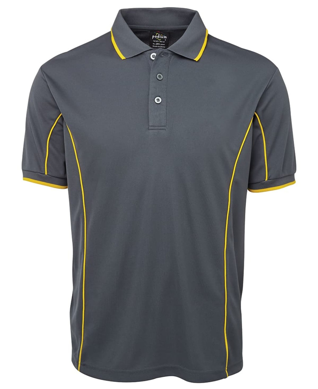 A grey polo shirt with yellow piping, featuring a collar and three buttons, and includes a logo.