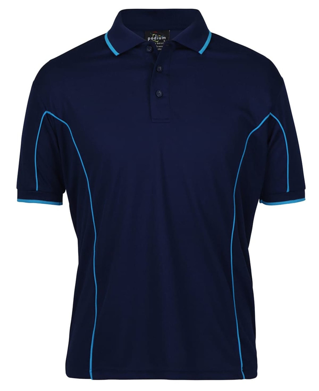 Navy blue polo shirt featuring contrasting light blue piping and a collar. Includes a branding logo.