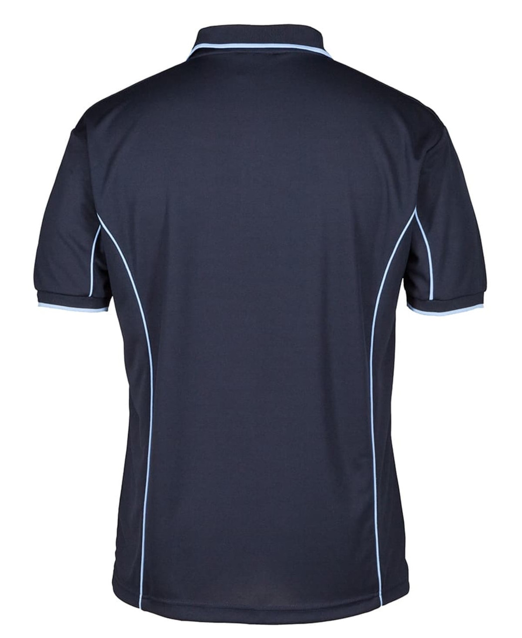 A navy blue polo shirt featuring light blue piping and a collar. It has a logo on the front.