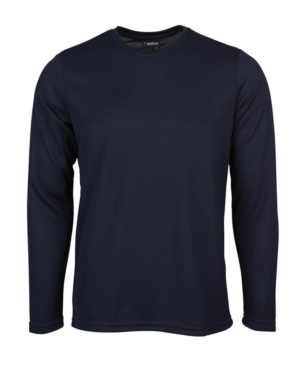 A long-sleeve T-shirt in navy blue with a round neck and a branded label inside.